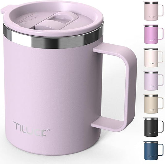 TILUCK 12 oz Insulated Coffee Mug with Lid, Leak-Proof Stainless Steel Travel Mug Cup with Handle for Hot or Cold Drinks(LightPurple, 12oz)