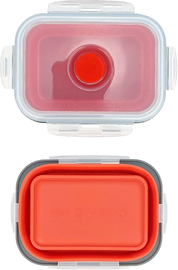 CCyanzi 3piece Collapsible Food Storage Containers with Lids, Silicone Lunch Container, Microwave & Freezer Safe, Space Saving for Kitchen Cabinet and Camping Backpack,(red gray)