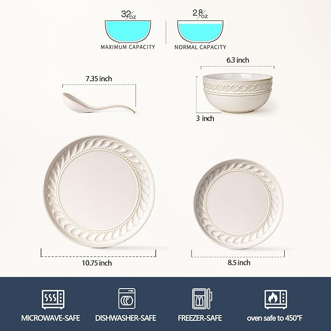 Artena Plates And Bowls Sets, 16 Pieces Dinnerware Sets, Dish Set For 4, Ceramic Kitchen Bowl And Plate Set, Embossed White Dishware Sets, Dishwasher & Microwave Safe (Willow Leaf)