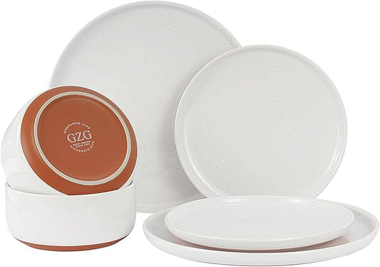 GZG Modern Art Series - 6 Pcs Speckled Stoneware Plates and Bowls Sets, Ceramic Dinnerware Set with Rustic Terracotta Underside, Microwave and Dishwasher Safe Handcrafted Dishes Set - Porcelain White