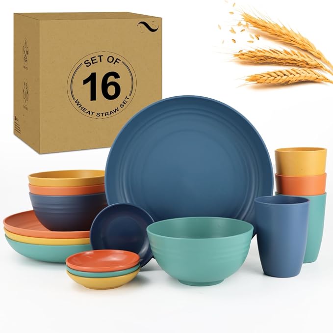 Wheat Straw Dinnerware Sets for 4,Dishwasher & Microwave Safe Plates and Bowls Sets 16 PCS,Unbreakable Dish Sets for Kitchen,Camping and Outdoor, Dinner Plate,Sauce Dish,Cereal Bowl,Cups- Multi color