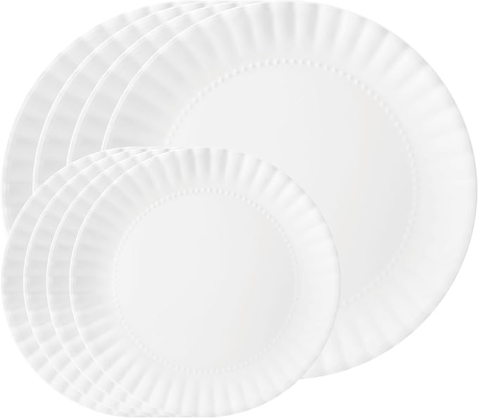 TP 8-Piece Melamine Plates Set, 10.5" & 8" Lightweight Reusable Dinner Plates for Picnic, Party & Outdoor Dining, Unbreakable Dishwasher Safe Tableware, White