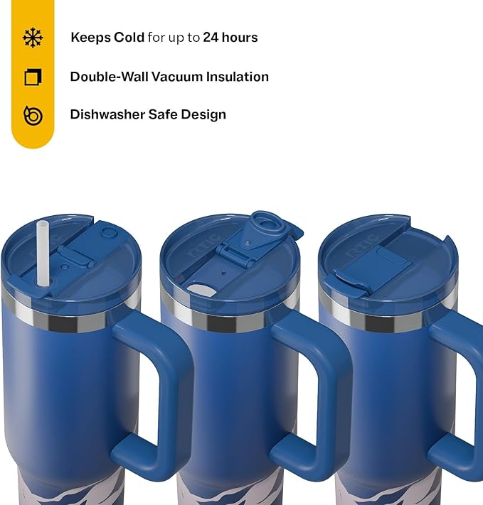 RTIC 30 oz Road Trip Tumbler Double-Walled Ceramic Lined InsulatedStainless Steel Portable Travel Coffee Mug Cup with Lid, Handle and Straw, Snowy Peak