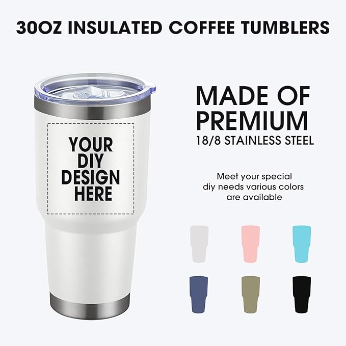Personalized Custom Tumbler Print in USA 30oz Stainless Steel Coffee Cup with Lid & Straw Double Wall Insulated Tumbler with Colorful Text Logo Photo