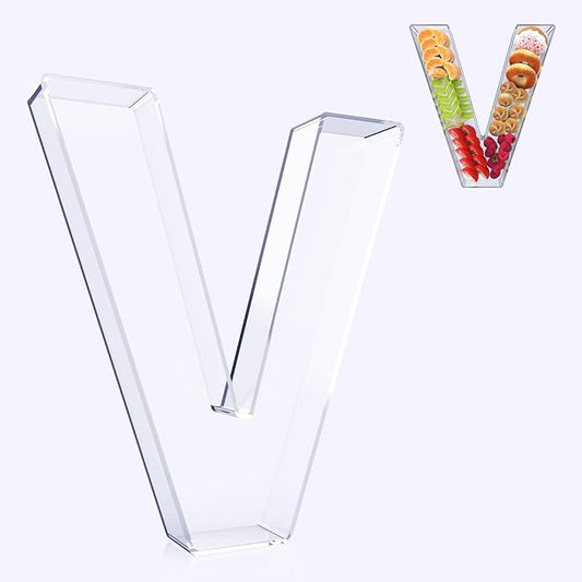 11" Acrylic Letter Charcuterie Box, Reusable Fillable Alphabet Number Shaped Form Tray for Birthday Anniversaries, Party Decorative Serving Plates Display Candy Cake (V)