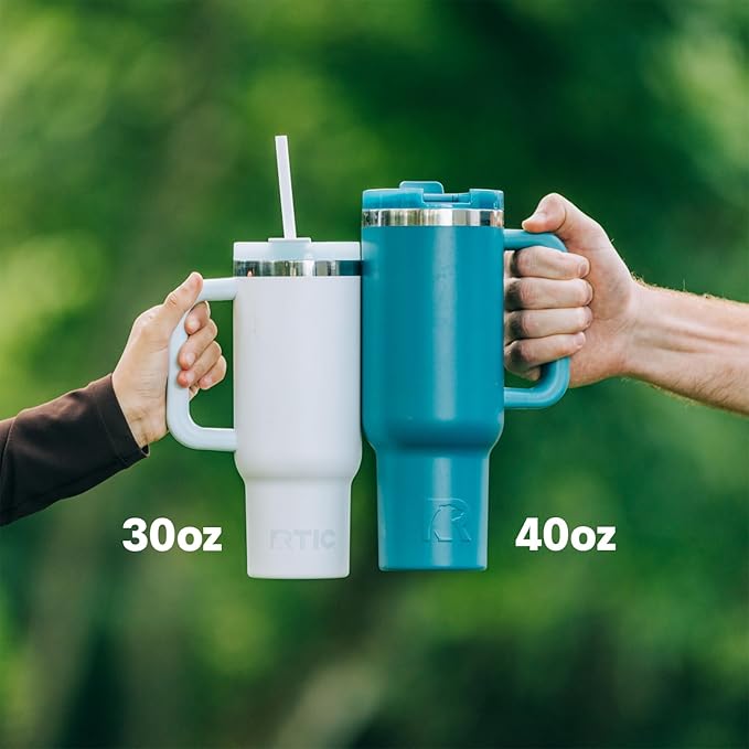 RTIC 40 oz Road Trip Tumbler Double-Walled Cermaic Lined Insulated Stainless Steel Portable Travel Coffee Mug Cup with Lid, Handle and Straw, Black