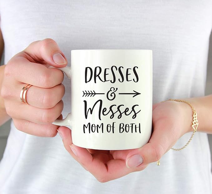 Andaz Press Mother's Day 11oz. Ceramic Coffee Tea Mug Gift for Mom, Dresses and Messes, Mom of Both, 1-Pack