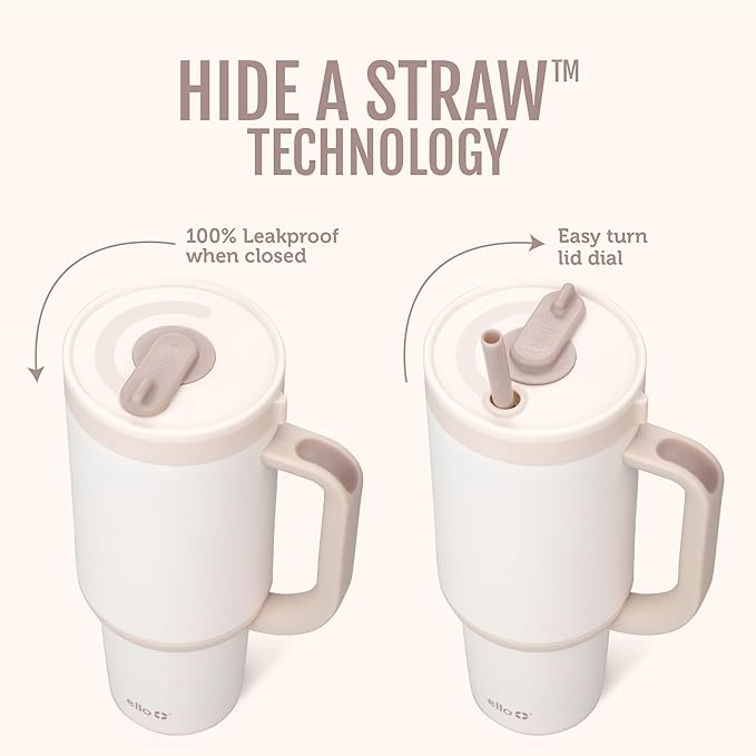 Ello Oasis 30 oz Tumbler with Handle & Retracting Straw | Reusable Insulated Stainless Steel Cup 100% Leakproof, Gifts for Teens Women Men | Keeps cold for 24 Hours, Cup Holder Friendly, Cream Tonal