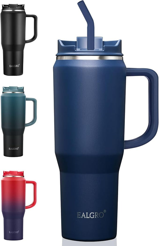 Insulated Coffee Mug Cup with Lid, 40 oz Tumbler with Handle and Straw, Double walled Stainless Steel Coffee Tumbler, Thermal Water Bottle Jug, Navy Blue