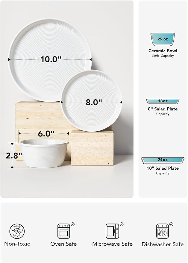 LE TAUCI 18-Piece Ceramic Dinnerware Set, Service for 6 – White Farmhouse Deeper Plates & Bowls (10" Dinner, 8" Salad, 6" Bowls), Stackable, Chip Resistant Stoneware Dishes