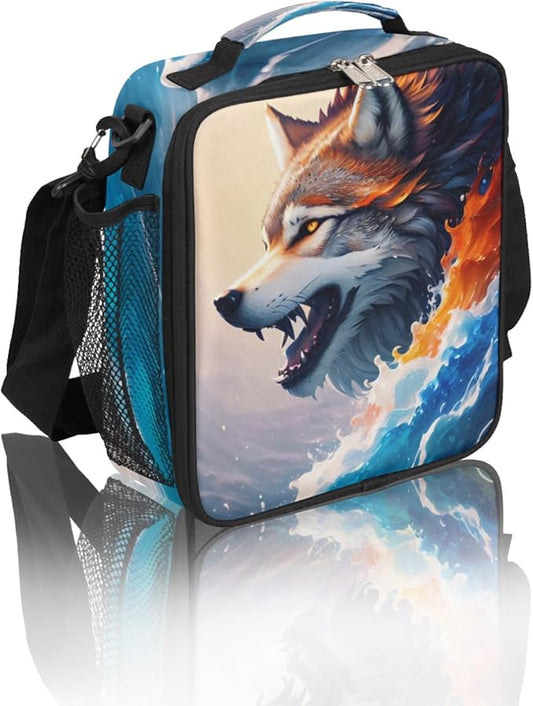 Wolf Lunch Bag for Kids, Colorful Ocean Wave Art Animal Wolf Boys Lunch Box, Reusable Insulated Waterproof Lunch Box with Adjustable Shoulder Strap Thermal Cooler Tote Bag for School Daycare Picnic
