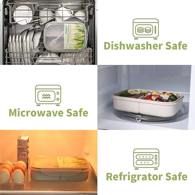 Wheat Fiber Bento Box Adult Lunch Box, Leak-Proof Lunch Containers for Adults Men Women & Kids, 5.5 Cup Regular Size with Utensil, Microwave & Dishwasher Safe, White