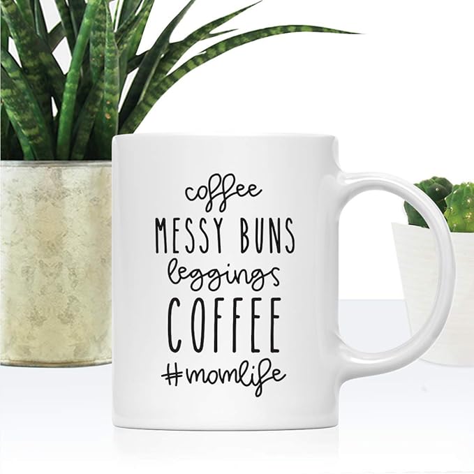 Andaz Press Mother's Day 11oz. Ceramic Coffee Tea Mug Gift for Mom, Coffee Messy Bun Leggings Coffee #MomLife, 1-Pack, Birthday Christmas Gift Ideas