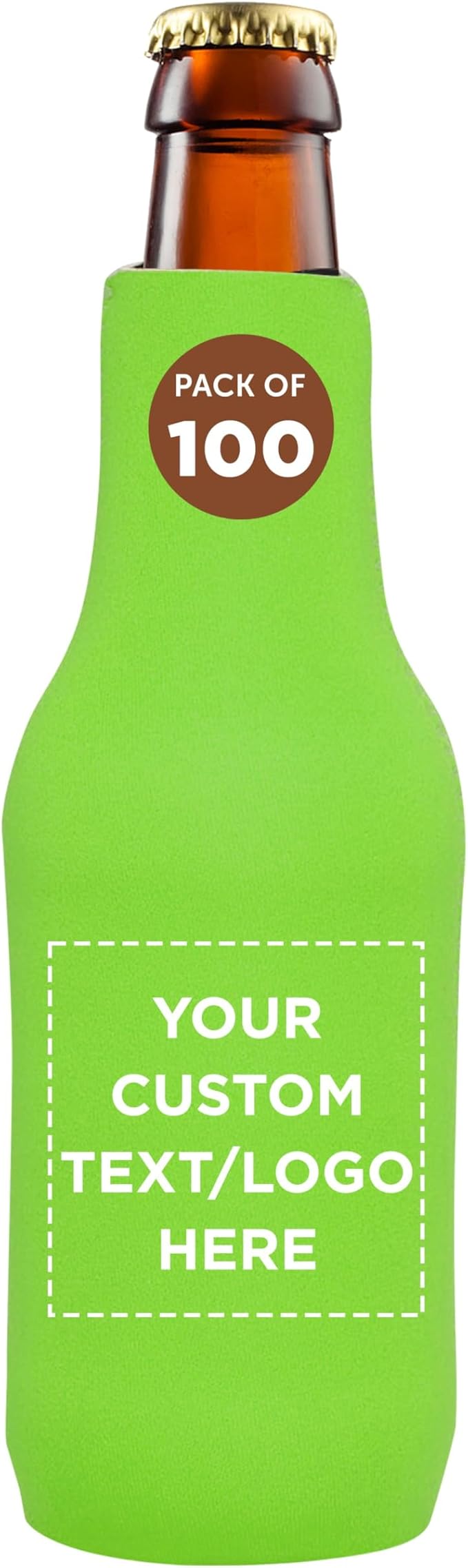 100 Neoprene Zippered Beer Bottle Coolies Pack - Customizable Text, Logo - Sharkskin Rubber Bottom - Lime Green
