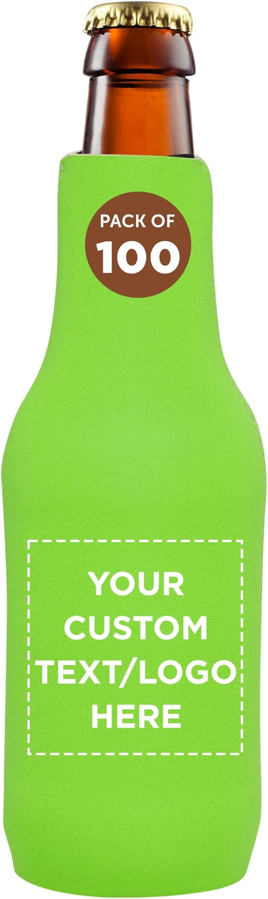 100 Neoprene Zippered Beer Bottle Coolies Pack - Customizable Text, Logo - Sharkskin Rubber Bottom - Lime Green