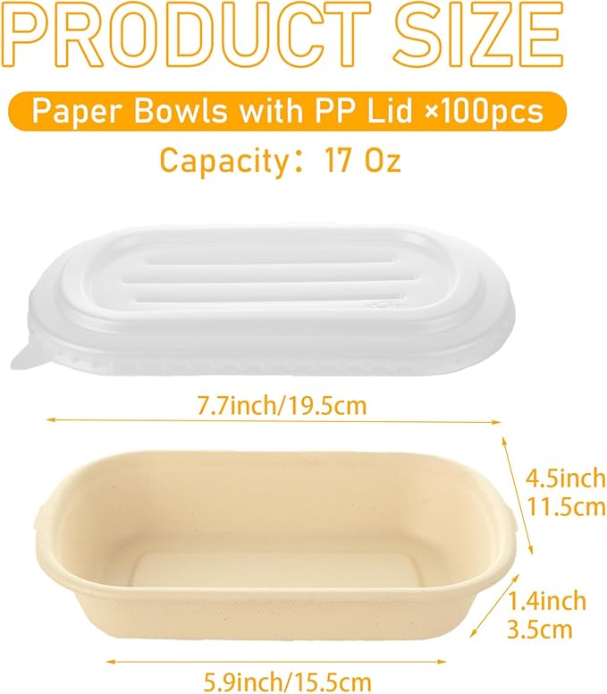 100Pcs 17 oz Paper Bowls with Lid, Disposable Salad Bowls with Lids, Microwave Safe Paper Take Out Food Containers for Meal Prep