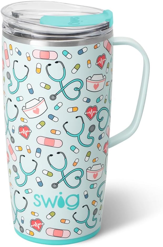 Swig Life 22oz Travel Mug, Insulated Tumbler with Handle and Lid, Cup Holder Friendly, Dishwasher Safe, Stainless Steel, Insulated Mug with Lid, Nurse Gifts for Women (Scrub Life)