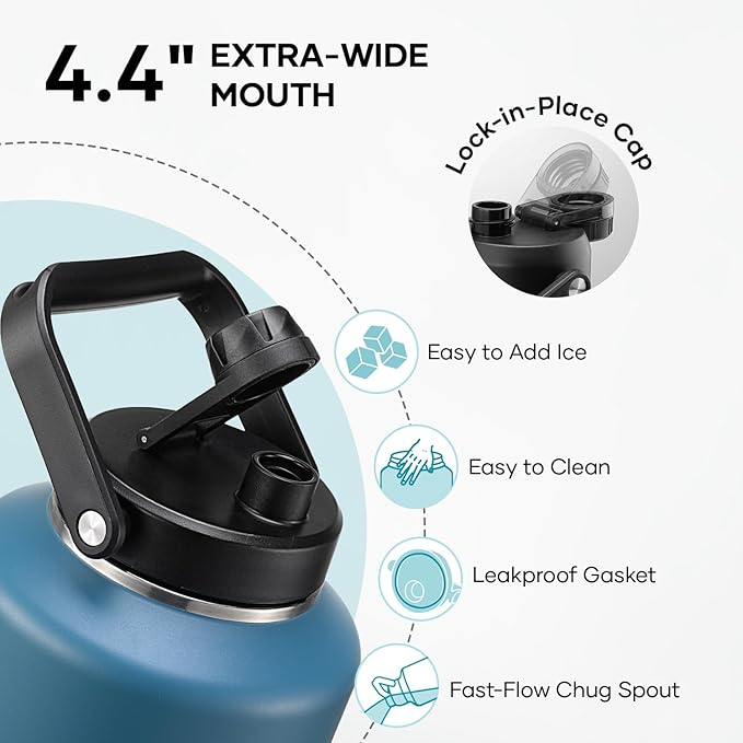 BUZIO 2 Gallon Water Bottle Insulated, (Cold for 48 Hrs) 256oz Extra Large Water Jug Stainless Steel, 4.4in Big Wide Mouth Leak Proof Metal Flask with Handle for Camping,Work,Travel, Indigo Black