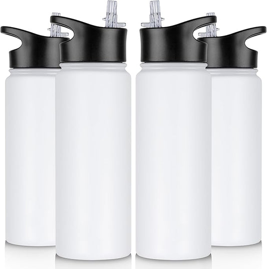 24 oz Insulated Water Bottle Bulk 4 Pack, Stainless Steel Sports Water Bottles with Straw Lid & Wide Mouth Lids, Double Walled Vacuum, Leak Proof, White