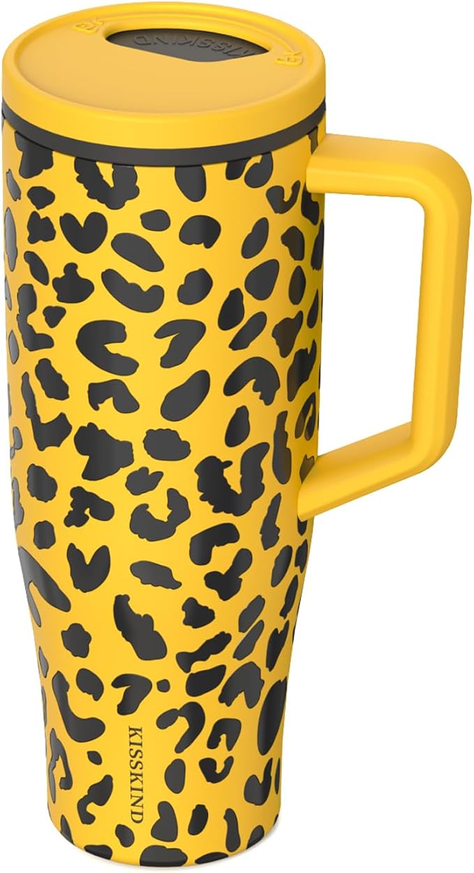 KISSKIND 40 oz Tumbler with Handle and Straw | Lumi Spin Hidden Straw 100% Leakproof Insulated Tumbler | Stainless Steel Water Bottle for Mom, Nurse, Teacher | Cheetah