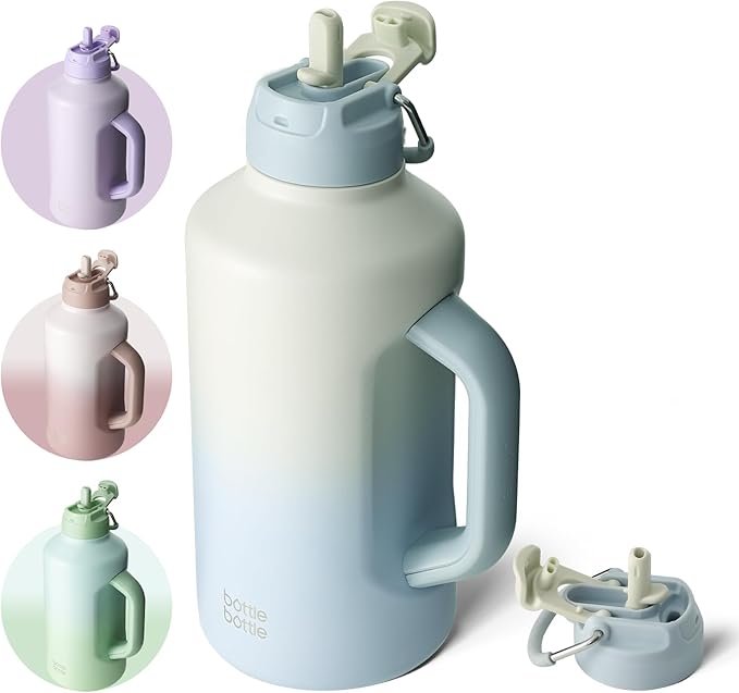 BOTTLE BOTTLE Insulated Water Bottle 64 oz with Straw and Dual-use Lid Stainless Steel Water Bottle with Handle Vacuum for Workout and Sports gray blue