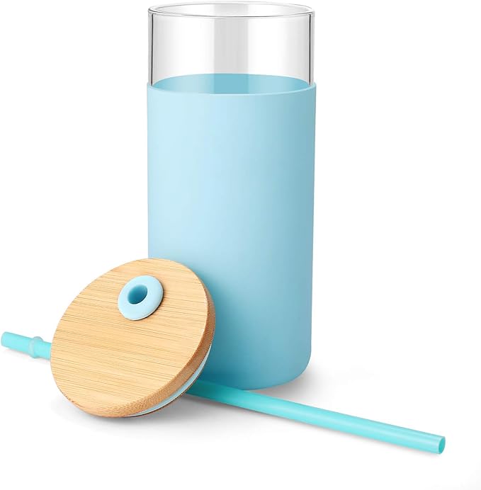 Tronco 20 oz Glass Tumbler with Lid and Straw, Iced Coffee Cup and Smoothie Cup with Bamboo Lids & Protective Silicone Sleeve, Dishwasher Safe, BPA-Free, Glass Cup 1 Pack