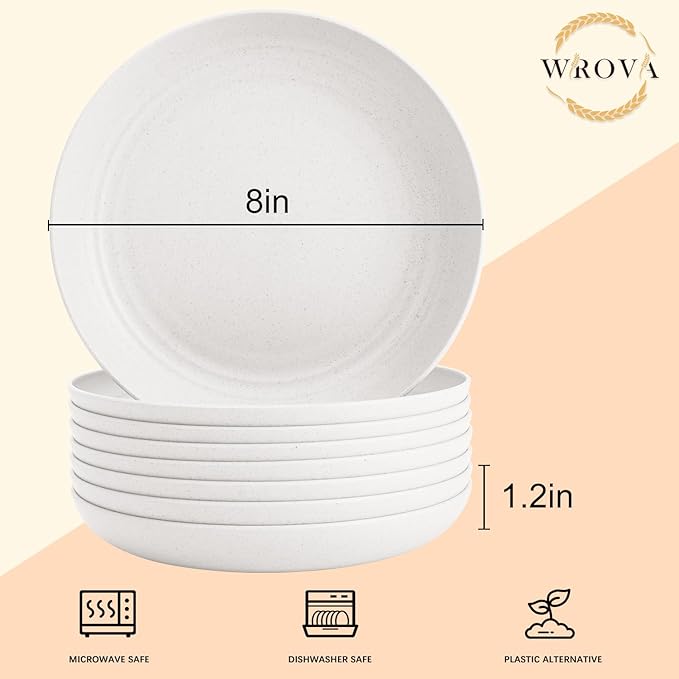 Wheat Straw Plates - 8 Inch Unbreakable Dinner Plates Set of 8 - Dishwasher & Microwave Safe Plastic Plates Reusable for Kitchen,R.V. (White)