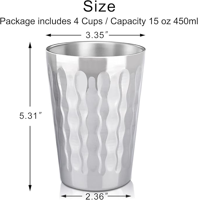 Beasea 15oz Stainless Steel Cups, 4 Pack Double Wall Metal Stackable Insulated Portable Drinking Tumblers Unbreakable Shatterproof Glasses for Home Restaurant Party Camping Travelling