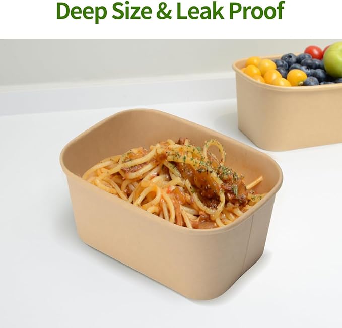 50 Pack 35 oz Paper Meal Prep Containers Disposable, Paper Food Containers with Lids Take Out Containers Microwavable and Freezable for Hot/Cold Use