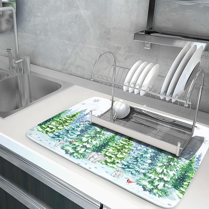 Winter Bear Bird Dish Drying Mat - Welcome Christmas Snowflake Drying Pad for Counter Forest Wildlife Dish Drainer Mat Cabin Animal Kitchen Accessories 18 x 24 Inch