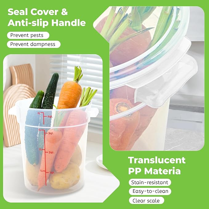 4 Pack Round Food Storage Containers with Lids, 4Qt Translucent Commercial Food Container, Polypropylene, BPA Free, Includes Labels & Measuring Cups