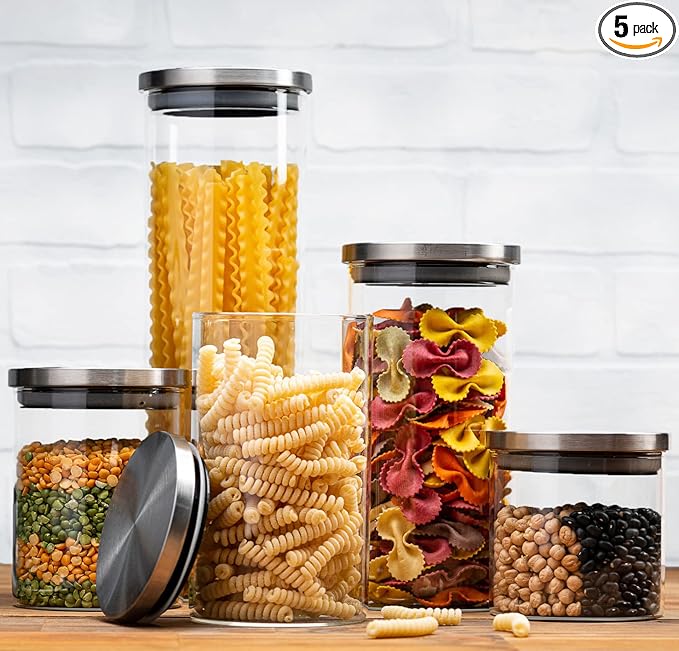 Set of 5 Glass Kitchen Canisters with Airtight Stainless-Steel Lid - Dishwasher Safe, Storage Jars for Kitchen, Bathroom & Pantry Organization, Ideal for Flour, Sugar, Coffee, Cookie Jar, Candy, Snack