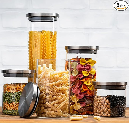 Set of 5 Glass Kitchen Canisters with Airtight Stainless-Steel Lid - Dishwasher Safe, Storage Jars for Kitchen, Bathroom & Pantry Organization, Ideal for Flour, Sugar, Coffee, Cookie Jar, Candy, Snack