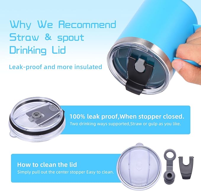 Volhoply 12oz Insulated Leakproof Coffee Mug with Flip & Straw Lid Bulk 4 Pack,Double Wall Vacuum Stainless Steel Travel Tumbler Cup with Handle,Camping Mugs Keep Cold/Hot(Blue,4 Set)