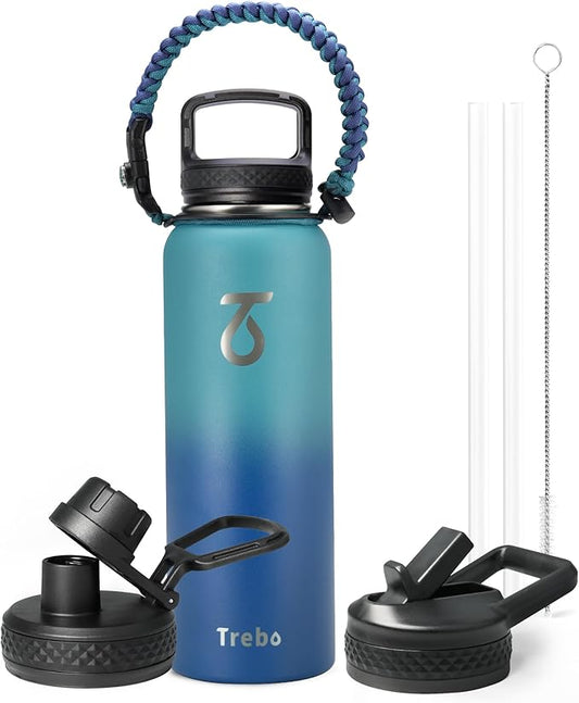 Trebo 40oz Water Bottle Insulated with Lid and Straw,Double Wall Vacuum Stainless Steel Tumbler Sports Flask with Paracord Handle, Keep Hot 24 Hours & Cold 48 Hours Water Jug with 3 Lids, Cyan Blue