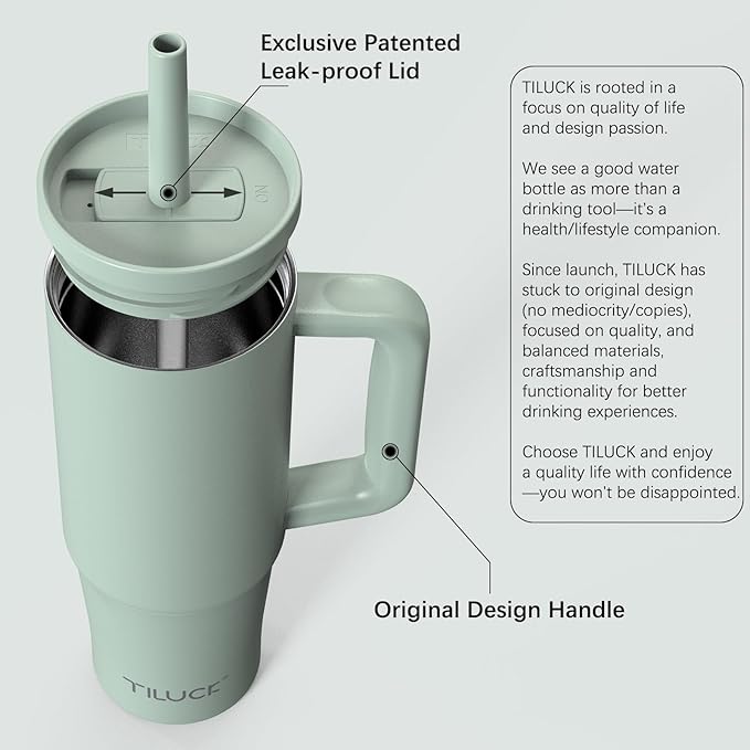 TILUCK 30 oz Tumbler with Handle, Vacuum Insulated Stainless Steel Travel Mug with 100% Leak-Proof Silicone Straw Lid, Cupholder Friendly Water Bottle(MintGreen, 30oz)