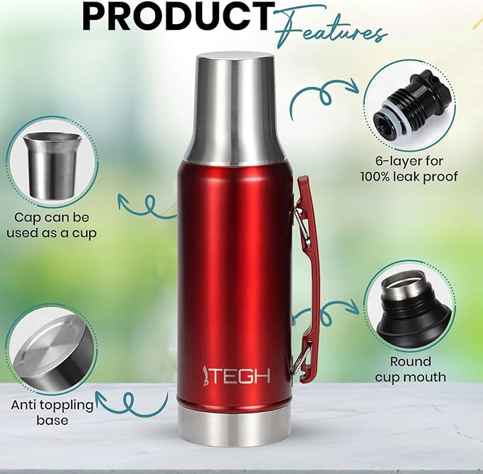 TEGH 40 oz insulated water bottle | vacuum insulated wide mouth water bottle | leakproof travel bottle | BPA-free stainless steel sports water bottle | hot and cold beverage bottle