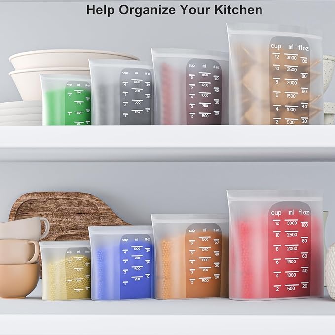 Bangp Premium Silicone Reusable Food Storage Bags,4 Pack(100oz, 50oz, 30oz,15oz),New Generation Stand Up Zip Freezer Bags,Sandwich Snack Bags,Multi-Use Food Storage Containers,Leak-free,Microwave Safe