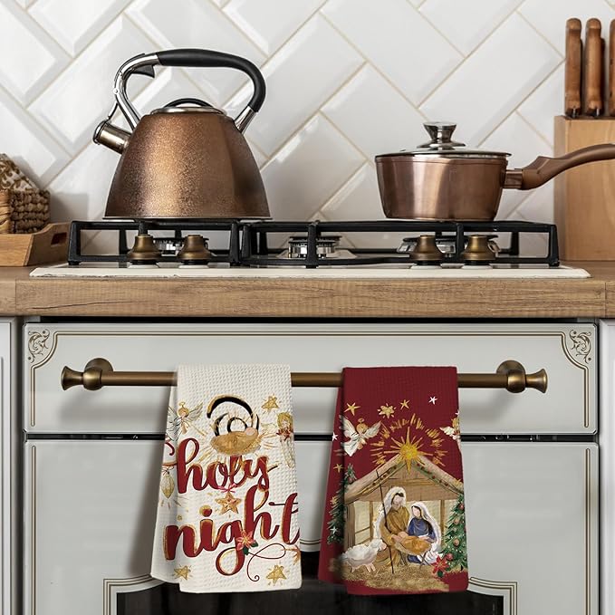 Christmas Kitchen Towels,Christmas Jesus Decor,Nativity Scene Winter Dish Towels Set of 2,Holy Night Tea Towels,Christmas Saying Winter Holiday Hand Towels,Gifts for Women,Nativity Gifts 16×24