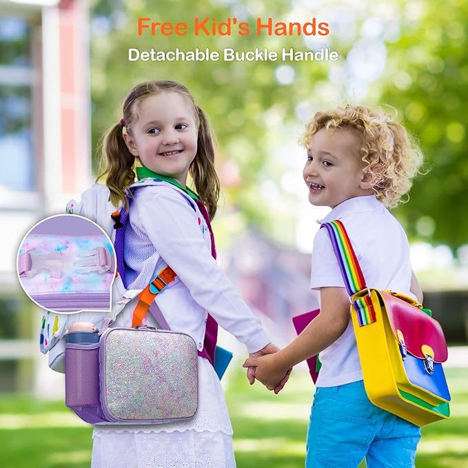 Bagseri Lunch Bag for Girls - Insulated Kids Lunch Bag with Water Bottle Holder Toddler Lunch Box Kids Lunch Cooler Tote for School Picnic, Glitter Purple Tie-dye (Water Bottle Not Included)