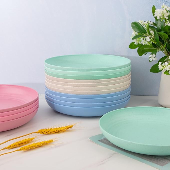 supernal 16pcs 10" Wheat Straw Plates,Deep Dinner Plates,Unbreakable Dinner Plates,Plastic Plates Reusable,Lightweight Microwave Dishwasher Safe-Beige,Blue,Pink,Green for Picnic,Birthday,Camping