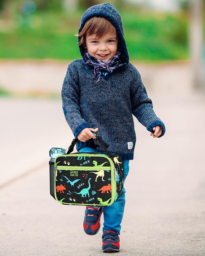 Bagseri Kids Lunch Bag Boys - Kids Lunch Box for Boys Reusable and Insulated Lunch Bag Toddler Lunch Box for Daycare and School, Black Dinosaur (Water Bottle Not Included)