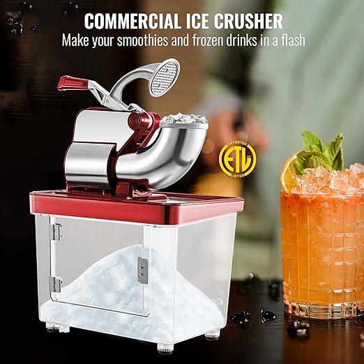 VEVOR 110V Commercial Ice Crusher 661LBS/H, ETL Approved 300W Electric Snow Cone Machine with Dual Blades, Stainless Steel Shaved Ice Machine with Safety On/Off Switch for Family, Restaurants, Bars