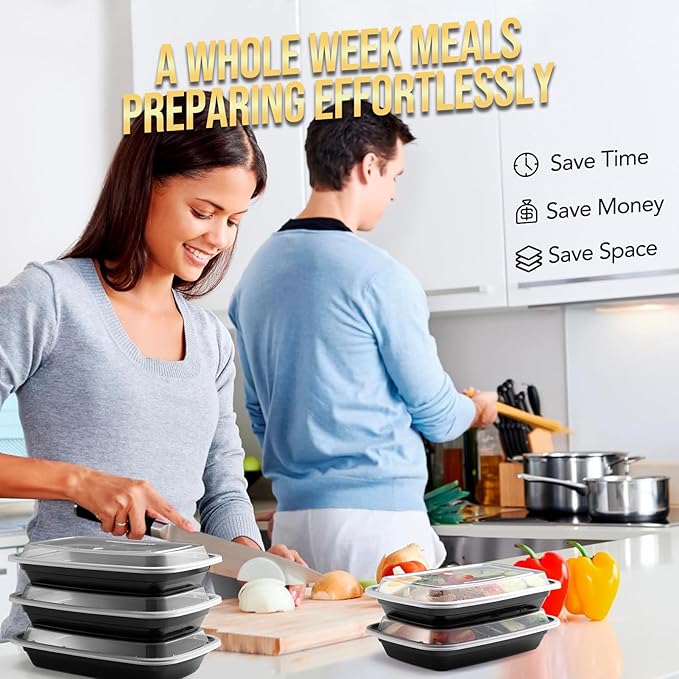 100-Piece (50-Pack) 16 OZ Meal Prep Containers Reusable with Lids, Sturdy Leakproof & Food Safe, Microwave, Freezer, Dishwasher Safe To Go Food Containers, Plastic Take Out Containers, Black