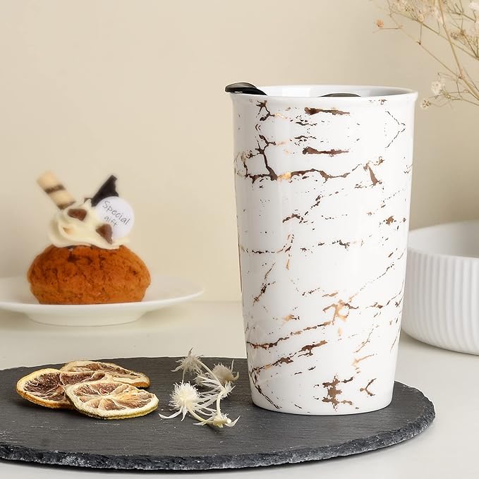 ANTIS'S HOME Ceramic Coffee Mug with Lid, Marble Gold Double Wall Coffee Travel Mug Ceramic Tumbler 12 oz, Reusable Tall Cup, Splash Resistant Lid, Dishwasher Microwaveable Safe