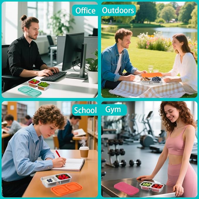 3 Pack Stainless Steel Snack Containers, 2 Compartment Snack Containers with Lids, Reusable Food Storage Containers for Travel, Outdoor, Camping(Orange/Red/Blue)