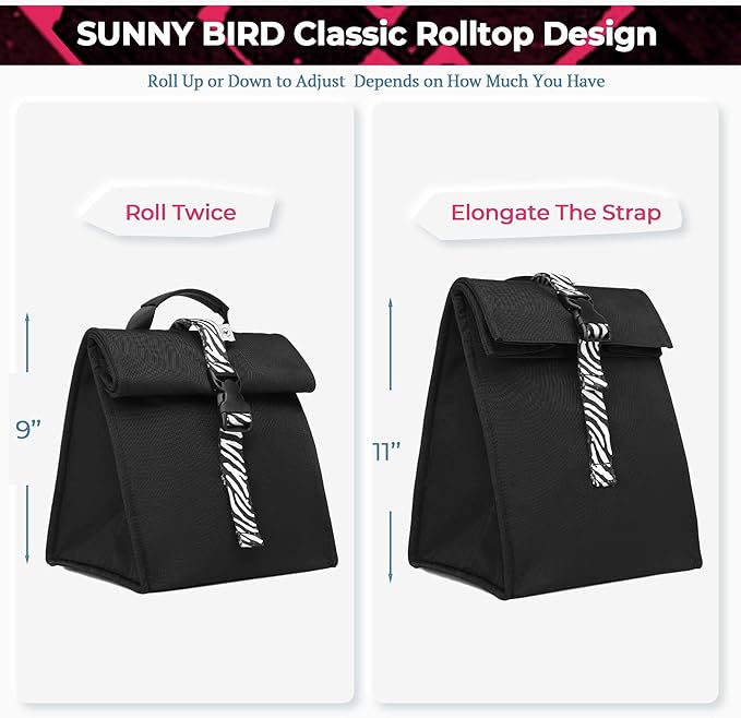 SUNNY BIRD Insulated Lunch Bag Rolltop Lunch Box Tote Bag for Women, Men, Adults and Teens (Black with white strap)