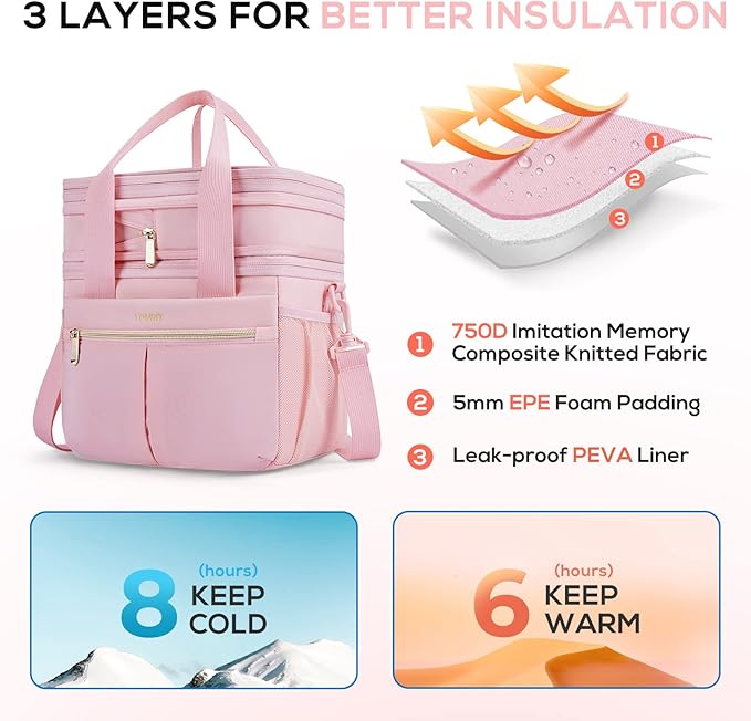 TOURIT Insulated Lunch Box Bag, Double Deck Leakproof Cooler Tote for Work Office Picnic, Expandable Lunch Container, Pink