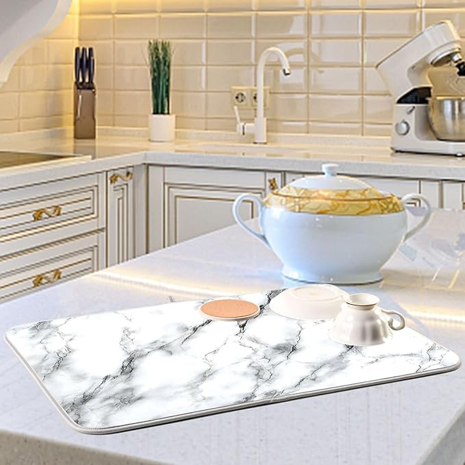 White Marble Pattern Dish Drying Mat for Kitchen Counter Super Absorbent Dishes Pad Reversible Microfiber Protector Dish Draining Mats 16x18 inch