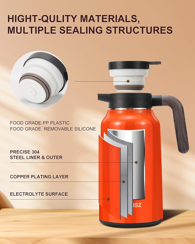 Thermal Coffee Carafe 70 oz - 36 Hours Hot(Stainless Steel Carafes for Hot Liquids-Insulated Coffee Carafes For Keeping Hot/Cold Coffee, Tea, Water, Drink Dispenser for Parties(Orange)